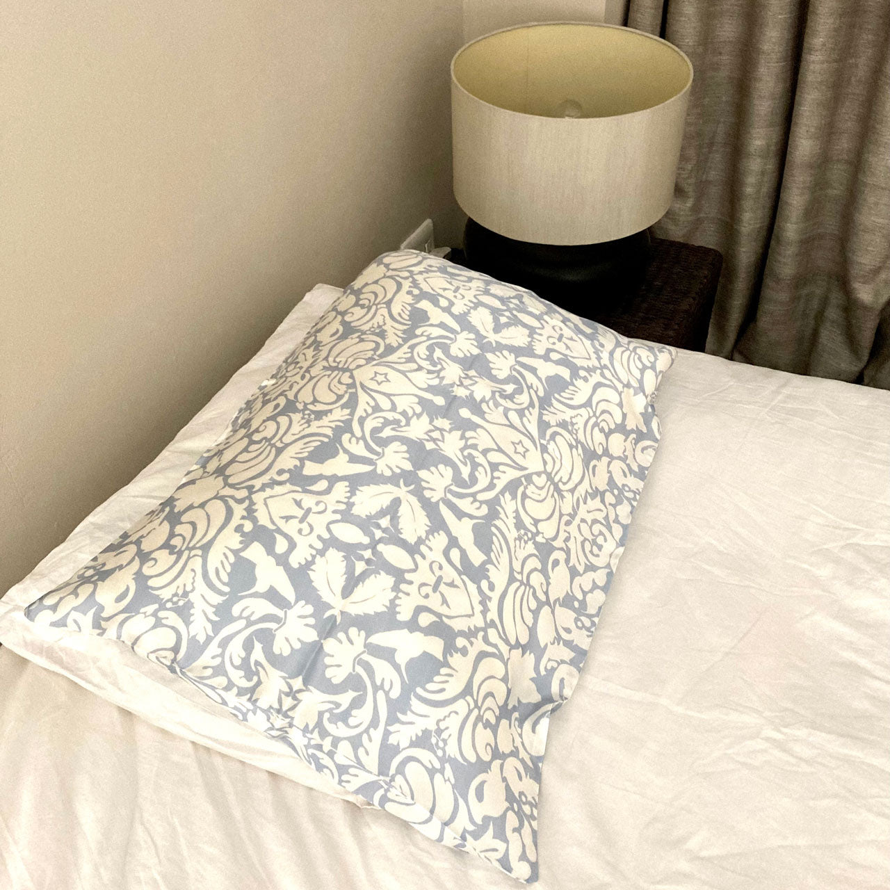 Silk Pillowcase Pale Blue With White Hummingbird Damask Pattern Long Studio Design