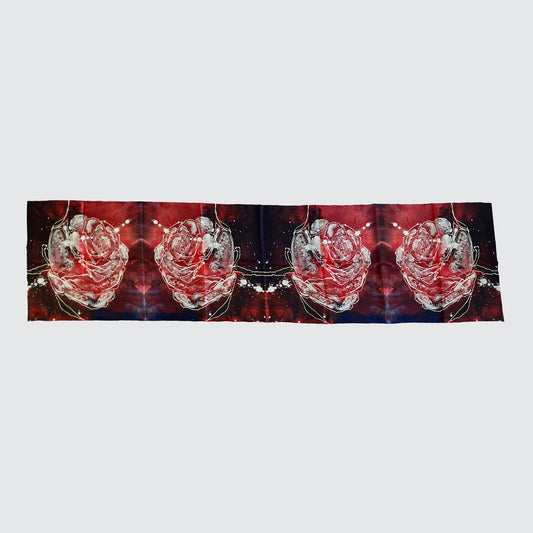 Silk Scarf - Red With Line Roses - Hand-Rolled Hems