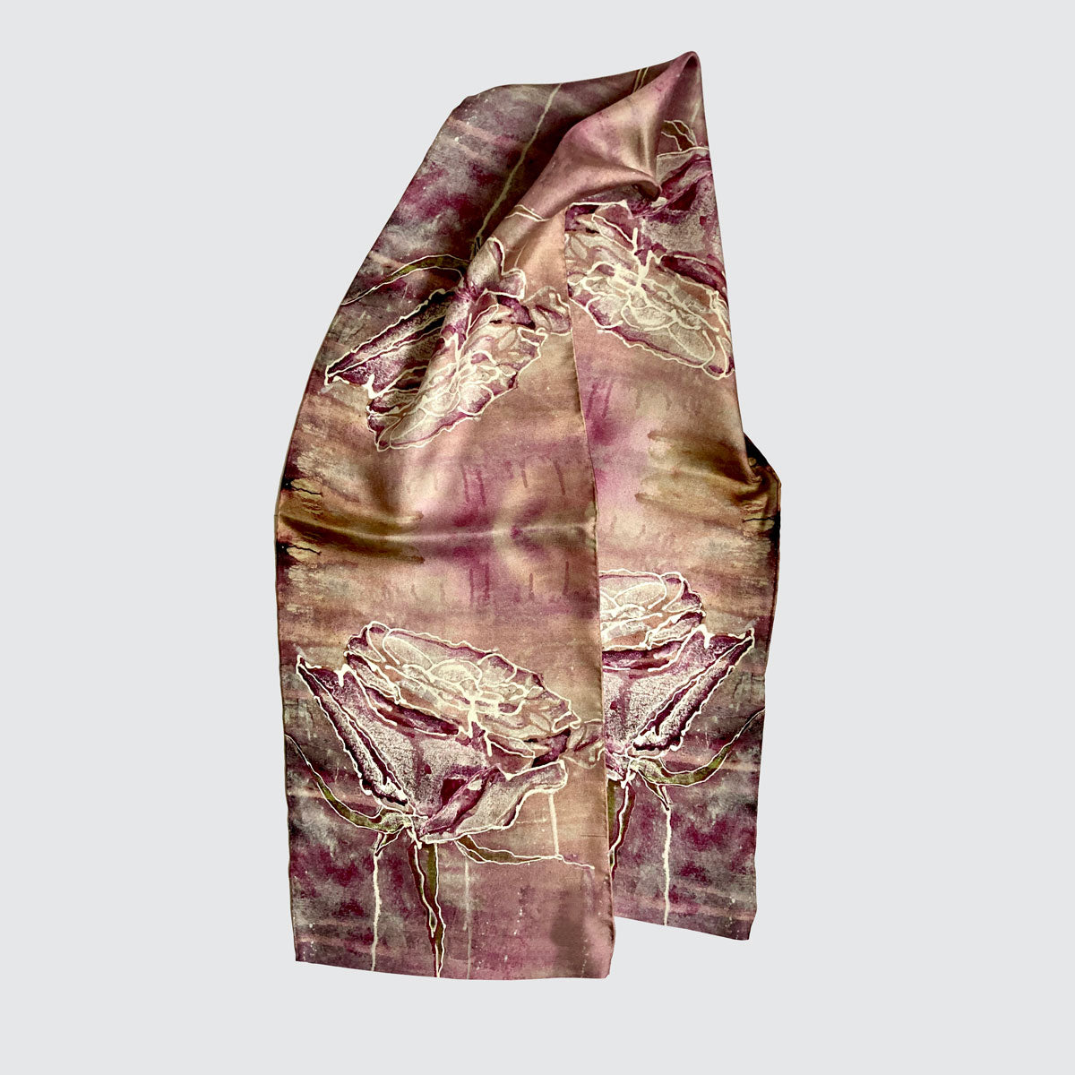 Silk Scarf - Violet Pink With Roses - Handrolled Edges